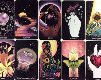 May include: A set of 10 tarot cards with black backgrounds and colorful illustrations. The cards feature images of a crystal ball, a book, a hand holding a flower, a hand holding a candle, a sunflower, a plant, a jellyfish, a woman with flowers, a candle with a moth, and a hand holding a red heart.