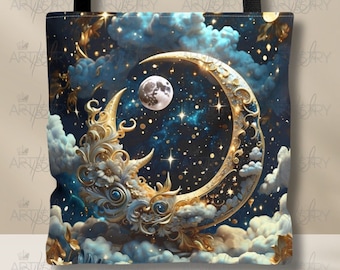 Moon and Stars Cottagecore Tote bag. Dark Academia weekender bag