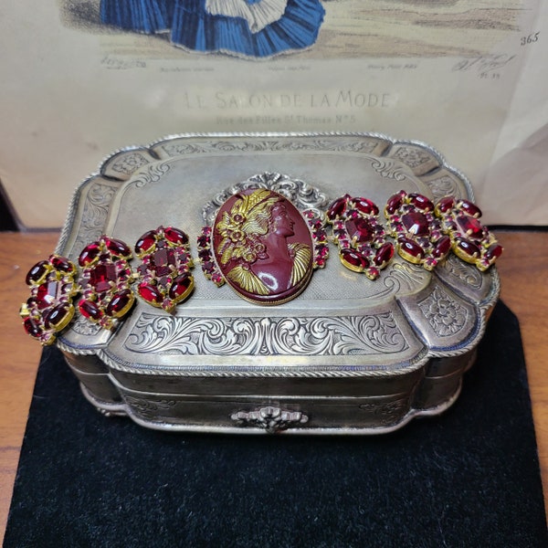 Vintage bracelet with ruby red  glass crystals cabochons and glass cameo, signed, Old Czech