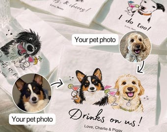 Custom Pet Portrait Wedding Napkins: Funny doodle drawing Cocktail Napkins Childlike Style