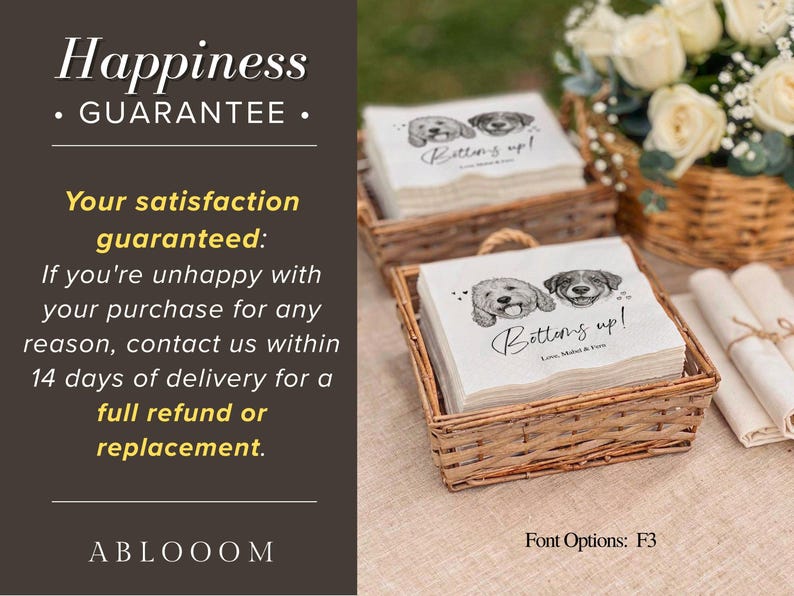 May include: White square paper napkins stacked in a woven wicker basket. The napkins feature a black ink illustration of two dogs, the text Bottoms up!, and the names Lou, Mabel & Fen printed in a script font. The design includes small hearts.