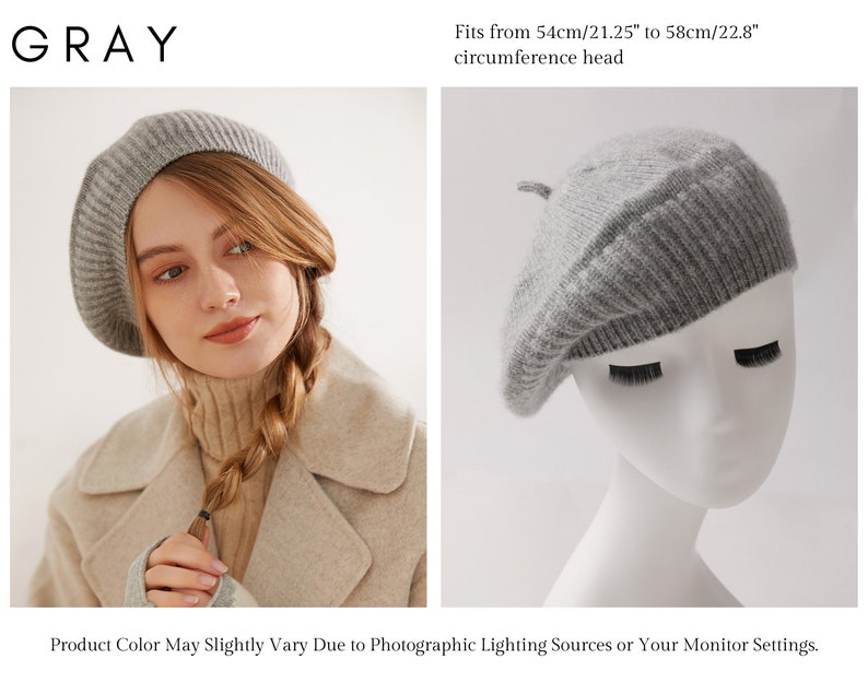 Béret en cachemire Tam de style français pour femme, béret en tricot ample, accessoire de mode automne-hiver, cadeau idéal pour elle Gris