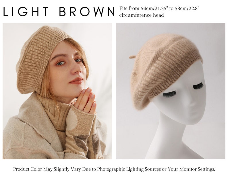 Béret en cachemire Tam de style français pour femme, béret en tricot ample, accessoire de mode automne-hiver, cadeau idéal pour elle Light Brown