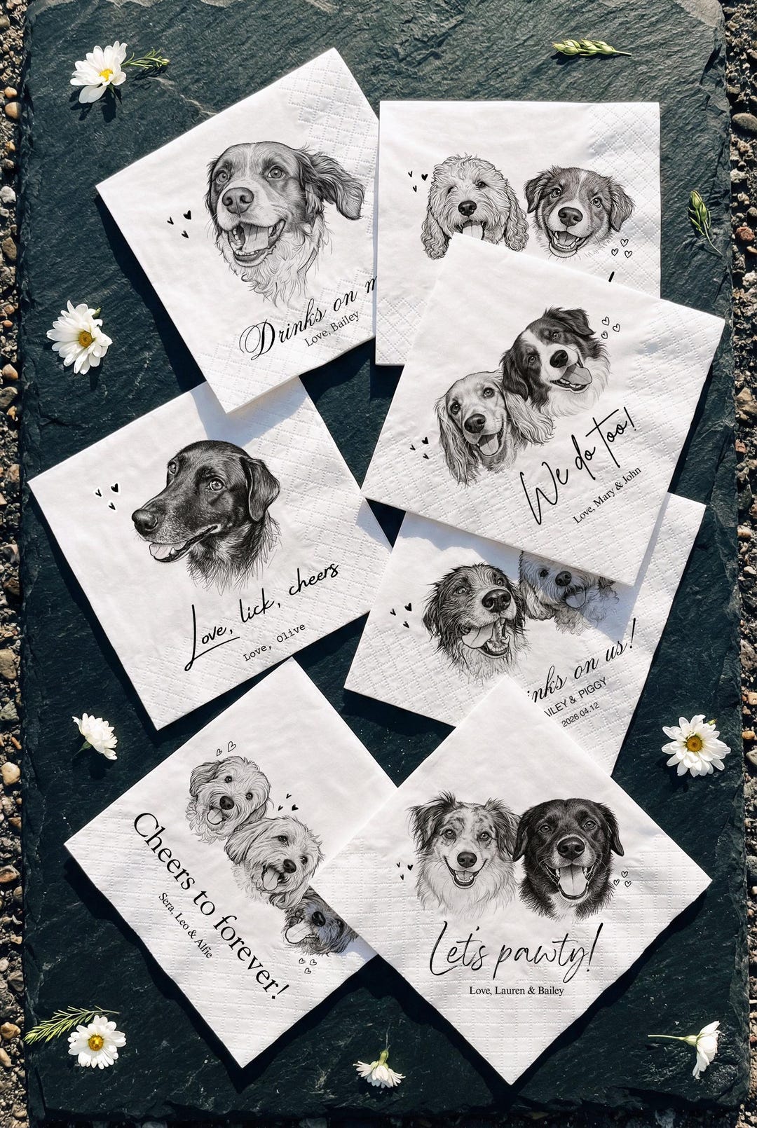 Custom Pet Portrait Wedding Napkins: Hand-Drawn Dog Cat Illustration Cocktail Napkins