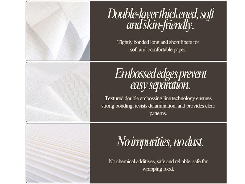 May include: White paper sheets featuring a double-layer thickened texture. Text includes: Double-layer thickened, soft and skin-friendly. Embossed edges prevent easy separation. No impurities, no dust. Tightly bonded fibers and textured embossing.
