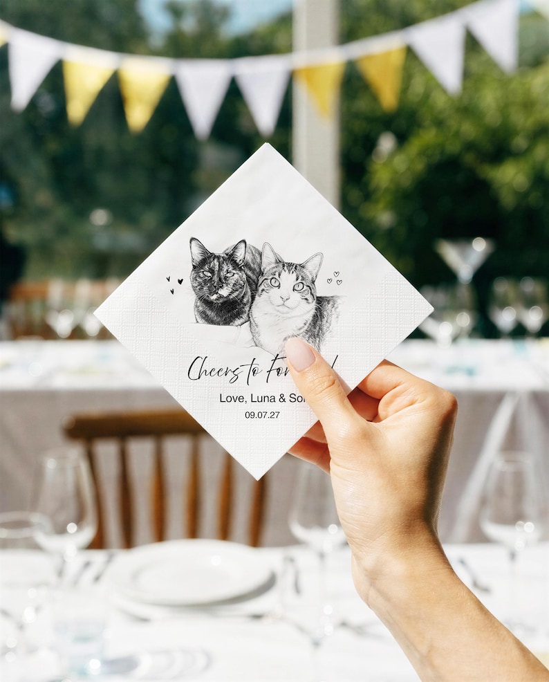 Custom Pet Portrait Wedding Napkins: Hand-Drawn Dog Cat Illustration Cocktail Napkins image 12