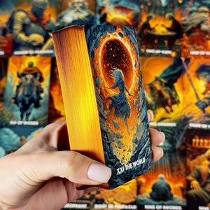 May include: A deck of tarot cards with gold gilded edges. The card in focus features a woman in a blue dress in front of a fiery portal. The text "XXI THE WORLD" is visible. Other cards with fantasy art are in the background.