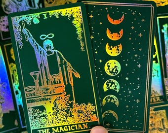 Green Tarot Deck | 78 Foil Cards Rainbow Foil Edges No Borders | Rider Waite Tarot with Guidebook