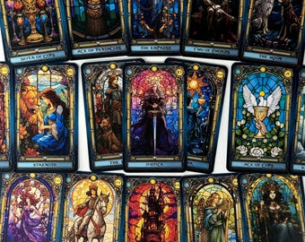 Stained Glass Tarot Deck | 78 Cards Blue Glitter Foil Edges | Art Nouveau Tarot with Guidebook