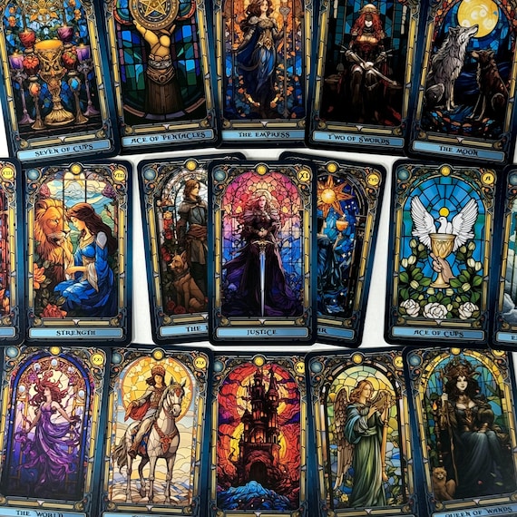 Stained Glass Tarot Deck | 78 Cards Blue Glitter Foil Edges | Art Nouveau Tarot with Guidebook