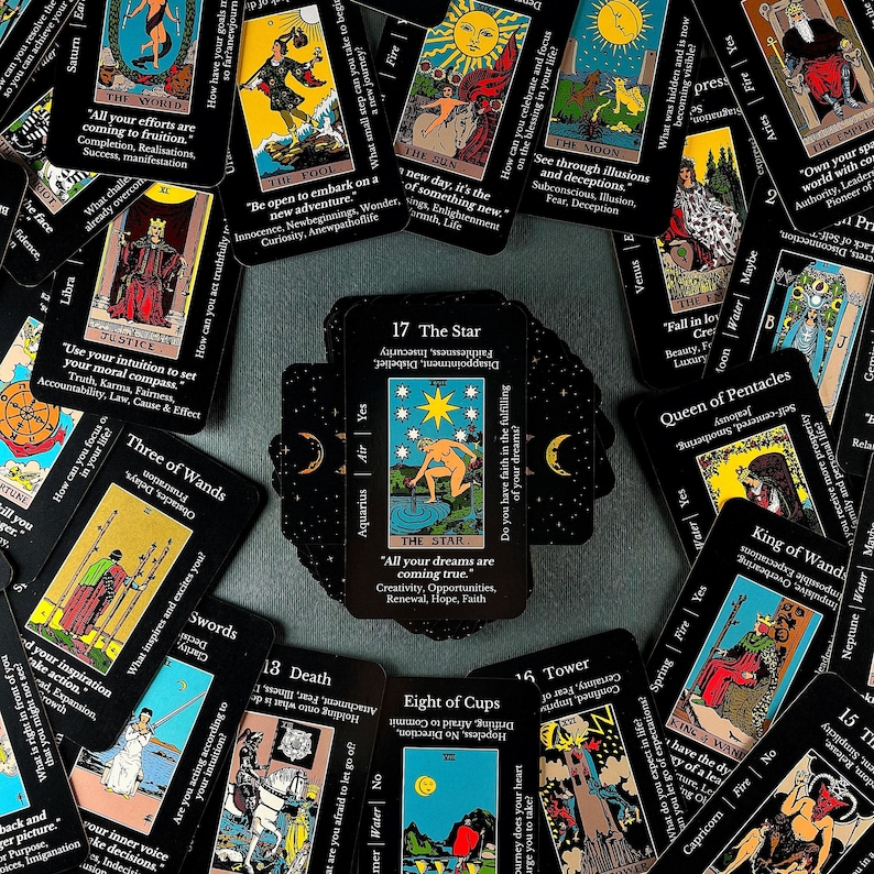 May include: A deck of tarot cards with black card backs and various illustrations. The central card, "17 The Star," features a nude figure under a starry sky. Other cards display symbols and text related to astrology and spirituality.