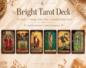 Bright Tarot Deck | 78 Cards Vintage Boho Style | Colorful Earthy Tarot with Guidebook for Beginners