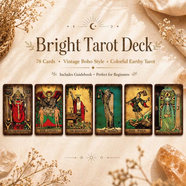 Baraja de Tarot Brillante / 78 Cartas Estilo Vintage Boho / Tarot Colorido y Natural con Guía para Principiantes