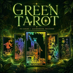 May include: A tarot card deck titled "GREEN TAROT" with 78 cards and a guidebook. The cards feature colorful illustrations and the names of the cards are visible, including "THE MAGICIAN" and "THE STAR". The background is a dark green with a leafy design.