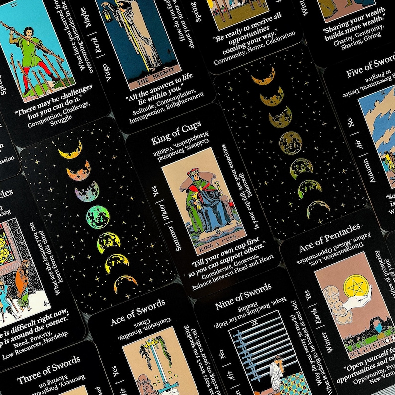May include: A collection of tarot cards with black backgrounds and colorful illustrations. The cards feature images of figures, symbols, and text, including "King of Cups" and "Ace of Pentacles". The cards are arranged in a slightly overlapping pattern.