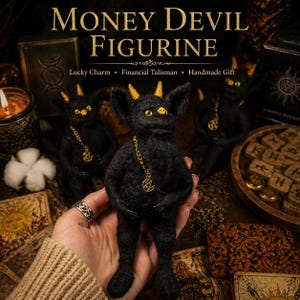 Money Devil Figurine Black – Wool Felted Lucky Charm, Financial Talisman, Handmade Amulet Gift