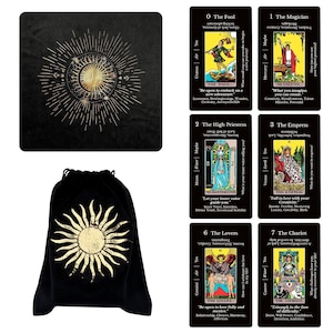May include: A black velvet tarot card bag and mat set with gold sun and celestial designs. The set includes tarot cards with illustrations and text. The cards feature images of The Fool, The Magician, The High Priestess, The Empress, The Lovers, and The Chariot.