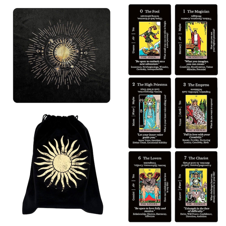 May include: A black velvet tarot card bag and mat set with gold sun and celestial designs. The set includes tarot cards with illustrations and text. The cards feature images of The Fool, The Magician, The High Priestess, The Empress, The Lovers, and The Chariot.