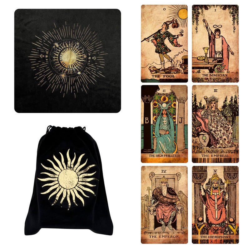 May include: Black velvet tarot card bag with a gold sun design. Includes a black velvet square with a gold sun and moon design, and six tarot cards with vintage illustrations and titles like "The Fool" and "The Magician."