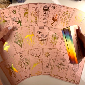 Pink Tarot Mistyc Minimalistic Cards with Rainbow Foil 78 Tarot Deck with Gold Edges, for Beginners and Experts with Guide Book.