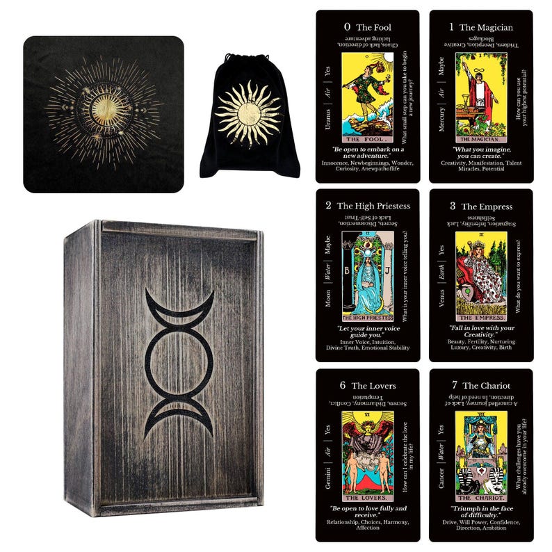 May include: A tarot card set featuring a wooden box with a triple moon design, a black velvet bag with a sun graphic, and several tarot cards. The cards have illustrations and text, including "The Fool" and "The Magician."
