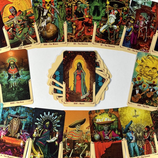 Santa Muerte Tarot Card Deck - Borderless, Premium quality, Full 78 cards deck with Guidebook.