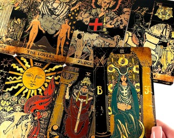 Classic Tarot Deck | 78 Black Cards Gold Foil Edges | Vintage Engraving Style Tarot with Guidebook