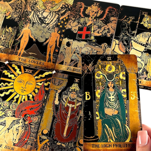 Classic Tarot Deck | 78 Black Cards Gold Foil Edges | Vintage Engraving Style Tarot with Guidebook