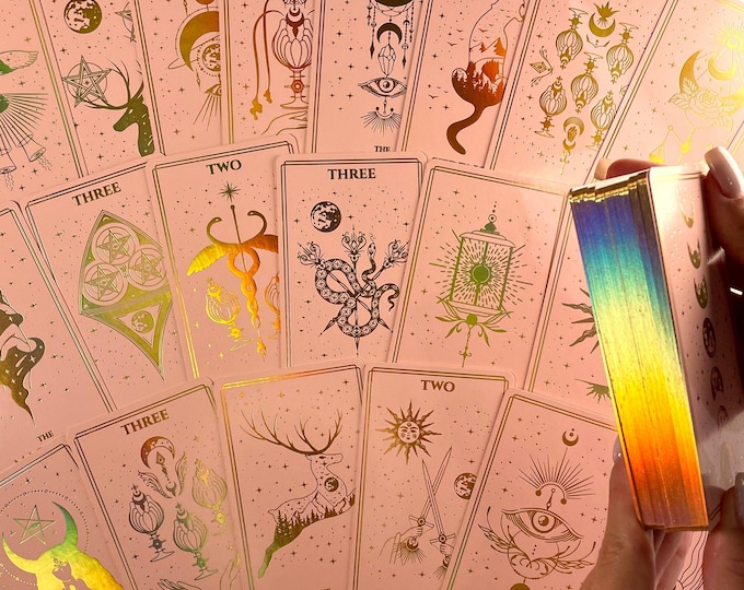 Pink Mystic Tarot Deck | 78 Cards Holographic Foil Edges & Foil Cards | Pastel Witchy Tarot with Guidebook