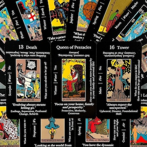 May include: A collection of tarot cards with black backgrounds. Three cards are in focus: Death, Queen of Pentacles, and The Tower. Each card features detailed illustrations and text, with keywords and phrases.