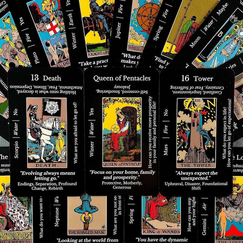May include: A collection of tarot cards with black backgrounds. Three cards are in focus: Death, Queen of Pentacles, and The Tower. Each card features detailed illustrations and text, with keywords and phrases.