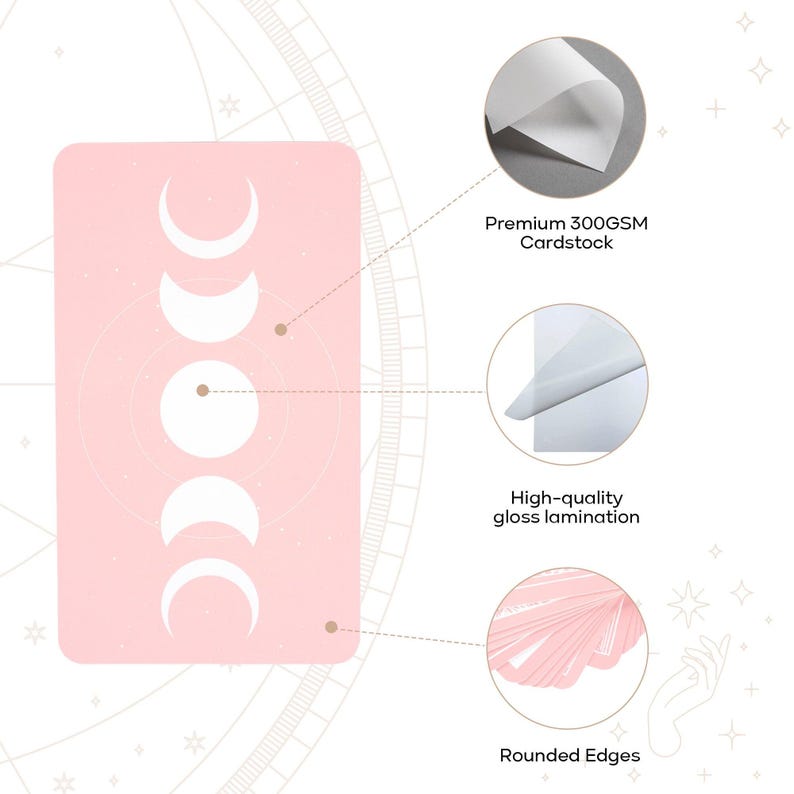 May include: A pink card with a white moon phase design. The card has rounded edges and is made of premium 300GSM cardstock with high-quality gloss lamination. Text on the image reads "Premium 300GSM Cardstock", "High-quality gloss lamination", and "Rounded Edges".