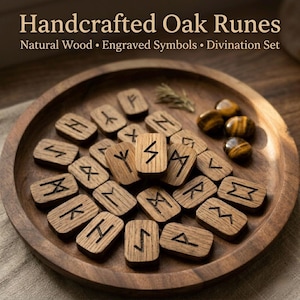 May include: Handcrafted oak runes arranged in a wooden bowl. The runes are rectangular, with engraved symbols. The bowl also contains several tiger eye stones. The text reads: Handcrafted Oak Runes, Natural Wood, Engraved Symbols, Divination Set.