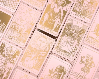 Tarotdek roze goud | Orakel-kaartendek | Dek met veel dingen | Tarotkaartendek | 78 kaarten | Tarotkaarten met gids