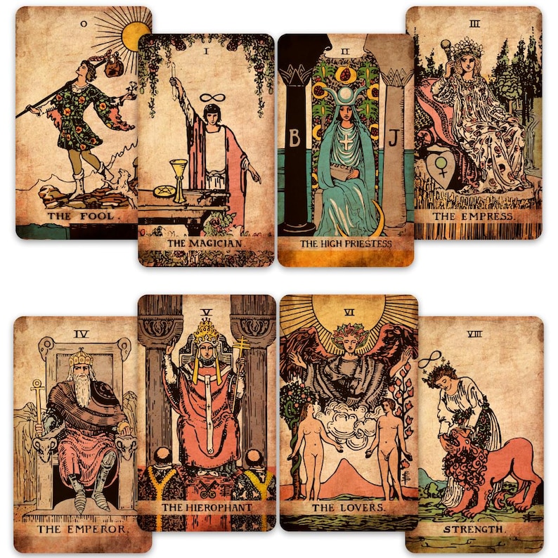 May include: A vintage-style tarot card deck featuring eight cards with illustrations and titles. The cards include The Fool, The Magician, The High Priestess, The Empress, The Emperor, The Hierophant, The Lovers, and Strength.
