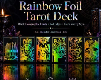 Rainbow Foil Tarot Deck | 78 Black Holographic Foil Cards & Foil Edges | Dark Witchy Tarot with Guidebook