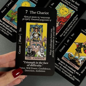 May include: A collection of black tarot cards with gold and white illustrations. The central card, "The Chariot," features a figure in a chariot. Other cards include "The Moon," "The Sun," and "The Fool." Text on the cards includes keywords and phrases.