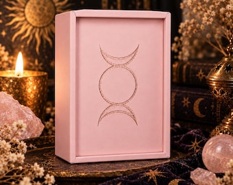 Roze houten tarotkaartendoos, handgemaakte opbergdoos voor tarotdecks, pastelkleurige heksenaltaardecoratie, tarotkaartenhouder, cadeau voor haar