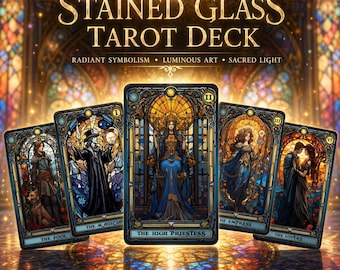 Gebrandschilderd glas tarotdek | Art Nouveau 78-kaarten, blauwe glitterfolieranden (inclusief gids)