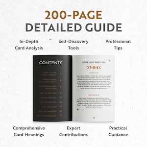 May include: A detailed guide with a 200-page book. The open book displays the contents, including how to use tarot cards, major arcana, and minor arcana. The guide offers in-depth card analysis, self-discovery tools, and professional tips.