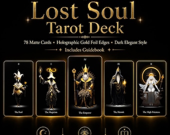 Lost Soul Tarot Deck | 78 Matte Cards Holographic Gold Foil Edges | Dark Elegant Tarot with Guidebook