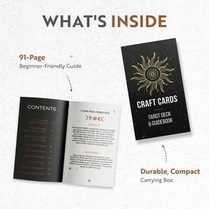 May include: A tarot deck and guidebook set with a black and gold design. The set includes a 91-page beginner-friendly guide, a deck of cards, and a durable, compact carrying box. The guidebook features content pages and card descriptions.