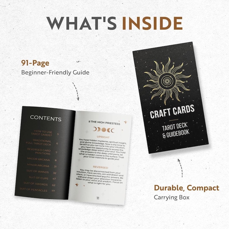 May include: A tarot deck and guidebook set with a black and gold design. The set includes a 91-page beginner-friendly guide, a deck of cards, and a durable, compact carrying box. The guidebook features content pages and card descriptions.