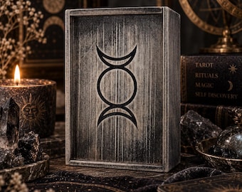 Grijze houten tarotkaartendoos, handgemaakte opbergdoos voor tarotdecks, minimalistische heksenaltaardecoratie, tarotkaartenhouder, cadeau voor haar