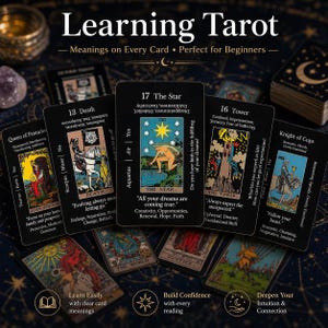 May include: A collection of tarot cards with the title "Learning Tarot" at the top. The cards feature illustrations and text, including "The Star" and "The Tower." The image promotes learning card meanings.