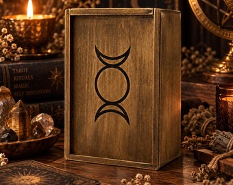 Bruine houten tarotkaartendoos, handgemaakte opbergdoos voor tarotdecks, rustieke heksenaltaardecoratie, tarotkaartenhouder, cadeau voor haar