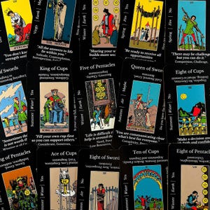 May include: A collection of tarot cards with various illustrations and text. The cards feature images of figures, symbols, and text, including "King of Cups," "Queen of Swords," and "Eight of Cups." The cards are black with colorful designs.