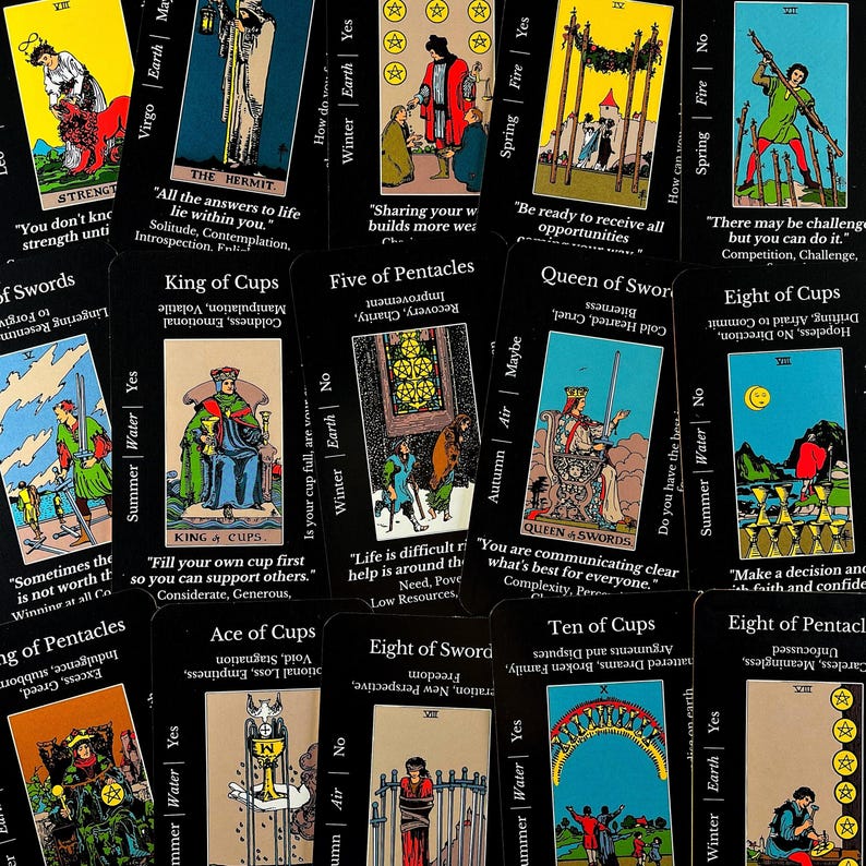 May include: A collection of tarot cards with various illustrations and text. The cards feature images of figures, symbols, and text, including "King of Cups," "Queen of Swords," and "Eight of Cups." The cards are black with colorful designs.