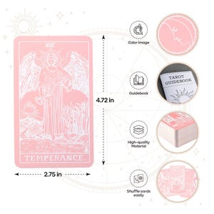 May include: Pink tarot card with the Temperance card illustration, measuring 2.75 inches wide and 4.72 inches tall. The card features an angel with wings and the word "TEMPERANCE." Additional images show a guidebook and a deck of cards.
