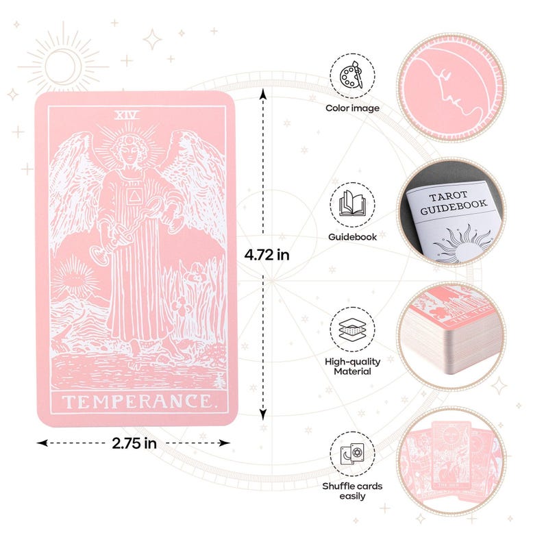 May include: Pink tarot card with the Temperance card illustration, measuring 2.75 inches wide and 4.72 inches tall. The card features an angel with wings and the word "TEMPERANCE." Additional images show a guidebook and a deck of cards.